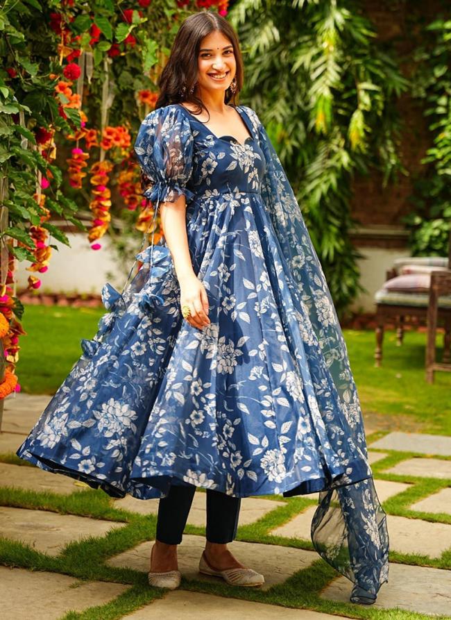 Tabby Silk Blue Traditional Wear Printed Readymade Anarkali Suit